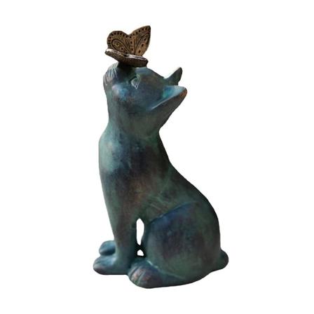Nysgjerrig kattestatue med sommerfugl, hage, utendørsdekor, blå harpiksfigur, gårdsplass, hage, plen, verandagave, værbestandig, realistisk, estatuas