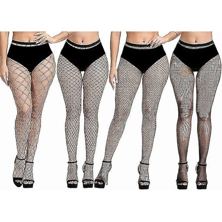 4-pack Fishnet-strumpor i Plus Size, Svarta Fishnet-tights Lårhöga Tights Stretch Anti-Hook Tights