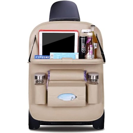 Bilorganisatör i PU-läder – med hopfällbart bord, 8 fickor, beige, för baksäte och familjeresor