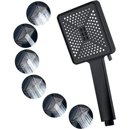 6-suihkukuvion hierova suihkupää, neliönmuotoinen suihku, suuri, korkeapaineinen, vettä säästävä suihkupää, kromattu, vettä säästävä suihkupää (musta)