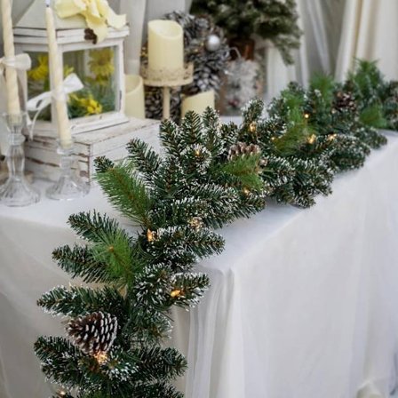 Pre-Lit Christmas Garland 1.8/2.7 m - Snow Flocked with Cones and Red Berries, Fireplace & Staircase Decoration
