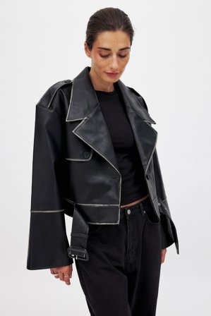 NA-KD Cropped Washed Out Pu Biker Jacket - Jakker i læderimitation - Sort - EU 38