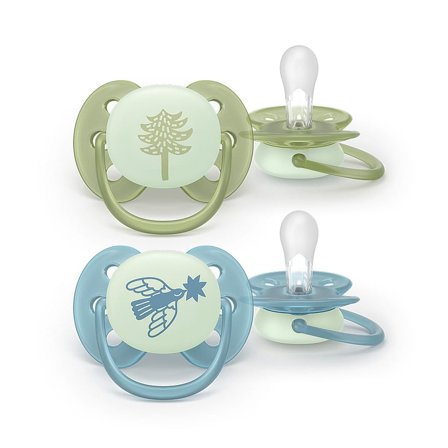 Philips Avent Ultra Soft Nat Sut - Lyser i Mørket 2-Pak Grøn/Blå +18 m, Børn & Forældre, Sutter, Silikonesutter
