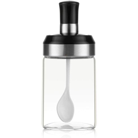 Sötburk i transparent glas med kombinerad sked och lock, behållare för förvaring av kryddor, salt, socker för köksbänk, matförvaring med dekorativ