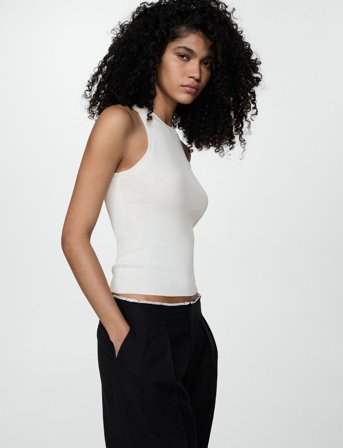 Mango Ribbed Knit Top - White - XS