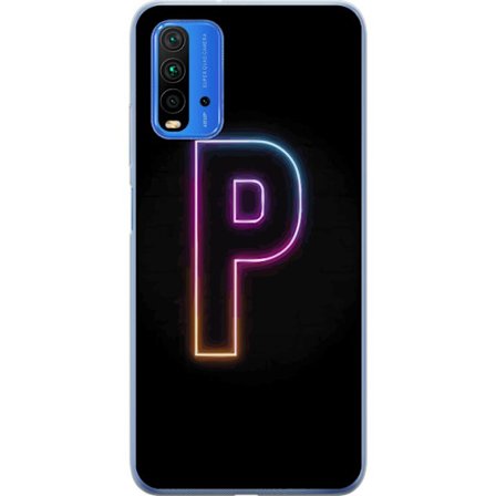Kompatibel Mobilcover til Xiaomi Xiaomi Redmi 9T Minimalistisk neonbogstav P i farvegradient og lyseffekt mod sort baggrund i digital neonstil