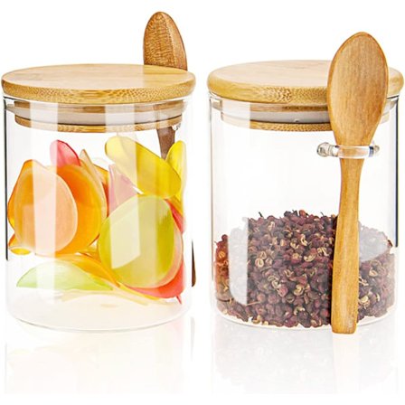 2 flaskor, glasburkar med bambulock och skedar, stapelbara glasbehållare för matförvaring, köksorganisationsburkar, 600 ml