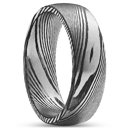 Fortis | 7 mm Gunmetal Gray and Silver-Tone Damascus Steel Court Ring for Men - Steel rings
