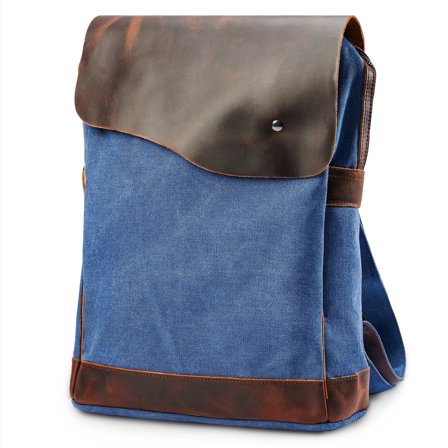 Retro Navy Blue Canvas & Dark Leather Backpack for Men - Backpacks