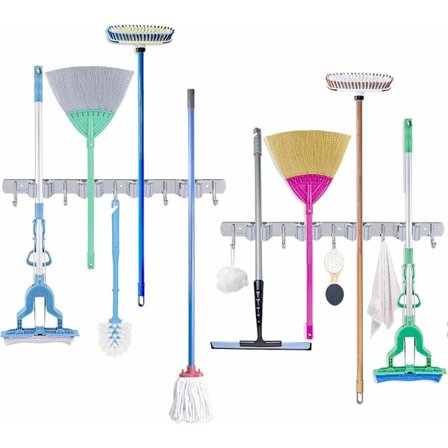 Kvastmopphållare, väggmontering, rostfritt stål, verktygshängare, arrangör för hem, kök, trädgård, garage, tvättorganisation och förvaring, 2