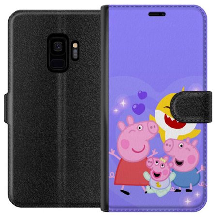 Kompatibel Tegnebogsetui til Samsung Galaxy S9 Peppa Gris mønster med hjerter, sommerfugle og venner, lyserød baggrund i bløde børneillustrationer
