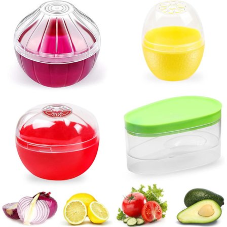 Oppbevaringsbeholdere for frukt og grønnsaker til kjøleskap, 4-delt sett, løk-, sitron-, tomat- og avokadobeskyttelse/-holder/-oppbevaring
