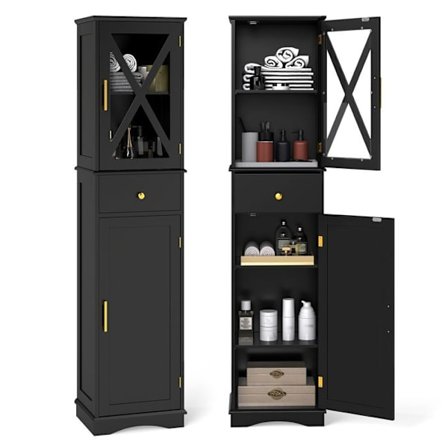 COSTWAY Kylpyhuoneen Pystykaappi, jossa 2 Ovea ja 1 Laatikkо, 3 Säädettävää Hyllyä, Ovivarasto, 30 x 40 x 168 cm Musta