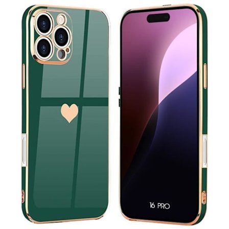 Beskyttelsescover - BOOLING - til iPhone 16 Pro - Blød - Hjerte Mønster - Nat Grøn