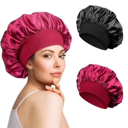 Satin Bonnet Nattmössa Justerbar Sovhatt Huvudbonad Mjuk Huvudbonad Silke Sov Bonnet med Elastisk(Svart, Röd)
