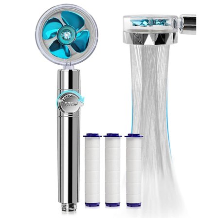 Højtryks vandbesparende brusehoved - Propeller - Turbo Fan Drive Jet brusehoved - med vandstopknap og 4 stk. filter - 360 graders roterende