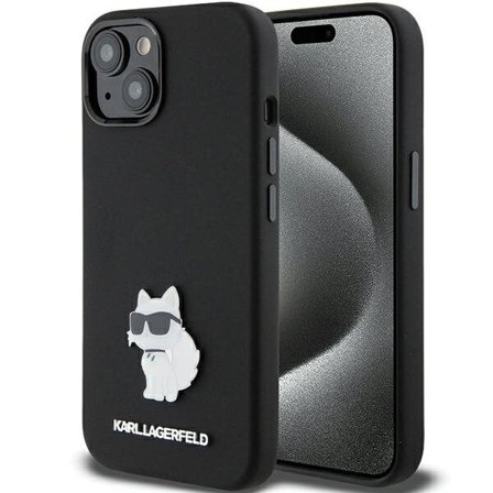 Karl Lagerfeld Silikone Choupette Metal Pin etui til iPhone 15 Plus / 14 Plus - sort
