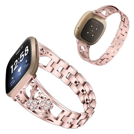 Fitbit Sense / Versa 3 rhinestone flower decor stainless watch band - Pink