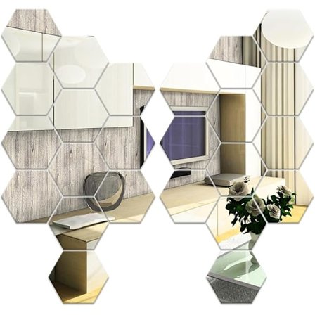 24 stk. sekskantet vægspejl, sølvfarvet selvklæbende vægspejl 126×110×63 mm, akryl sekskantede selvklæbende vægspejle kompatible med sofa TV baggrund 