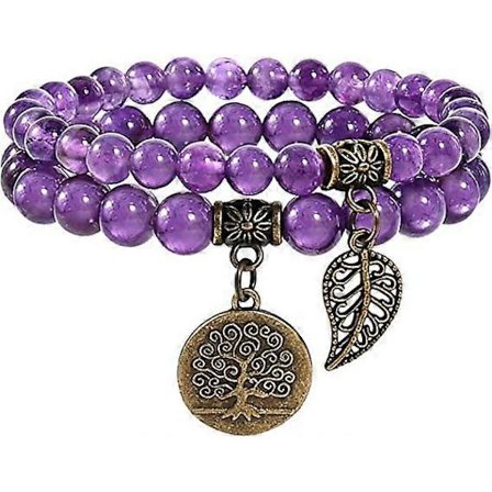 Natursteinarmbånd - damearmbånd med naturlige perler - Sett med to armbånd med livets tre og bladtilbehør D