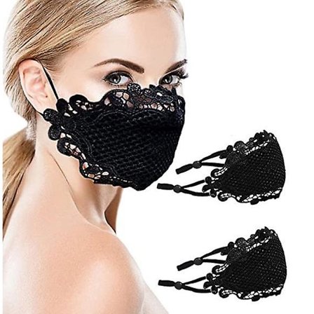 2 st svarta spetsmaskerader för kvinnor - Fashion Face Scarf Mouth Fabric Återanvändbar tvättbar trasa