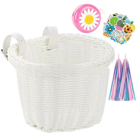 Cykelkorg Barn, Flätad Cykelkorg Flicka, Cykelstyre Rosettband och Ringklocka, Cykelkorg för Barn med Extra Läderremmar, Enkel Installation