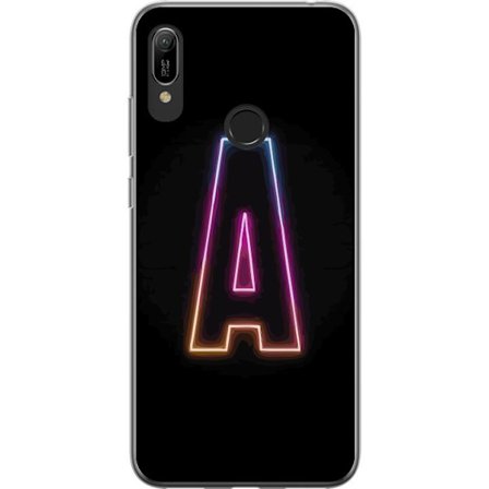 Kompatibel Mobilcover til Huawei Huawei Y6 (2019) Minimalistisk neonbogstav A i regnbuefarvet lys mod sort baggrund i moderne typografisk stil