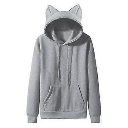 Herre Casual Ensfarvet Pullover Hættetrøje med Katteører, Fleece og Lomme (L Grå)