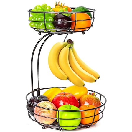 2-etasjes fruktkurv med bananholder, fruktstativ for kjøkkenbenk, metallskåler for frukt og grønnsaker