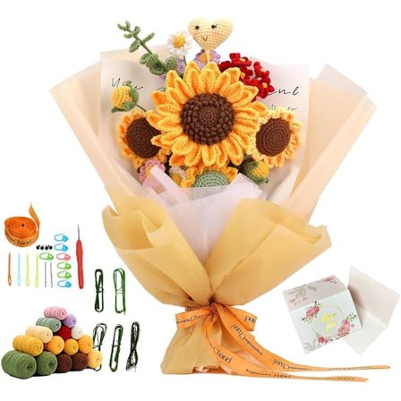 Hæklesæt til begyndere, solsikkebuket strikkesæt, komplet strikkesæt til begyndere for voksne med trin-for-trin video tutorials