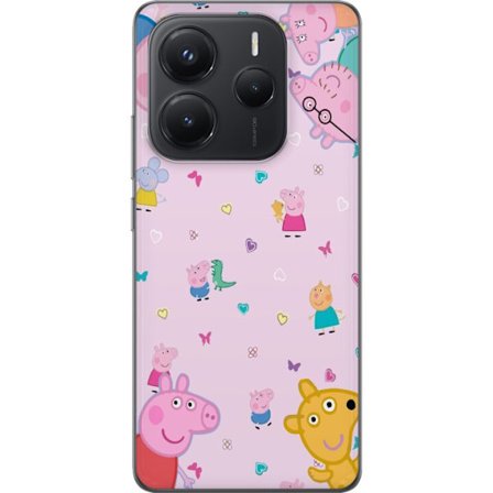 Kompatibel Mobilcover til Xiaomi Redmi Note 14 5G Peppa Gris med en baby i armene, morgris motiv i farverig og blød børneillustration med hjerter