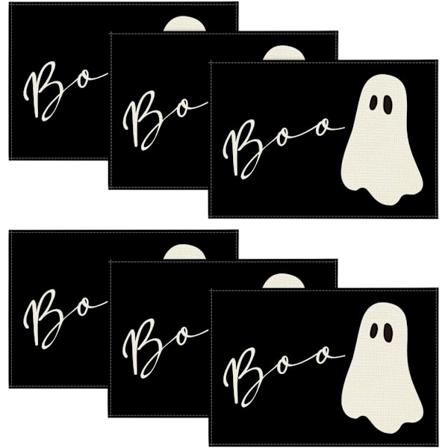 Boo-haamu H m h kkien Halloween-paikka-alustat, 6 kpl, 12x18 tuumaa, mustat sesongin juhlapyh n p yt alustat juhliin, keitti n ja ruokailuun