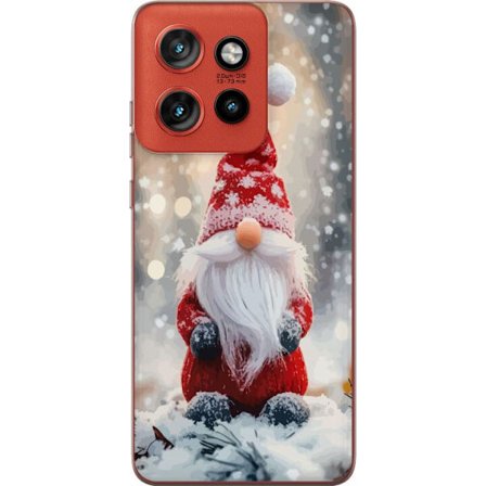 Motorola Edge 50 Neo Gennemsigtig cover Sød rød nisse figur med sne og glitrende vinterbaggrund hyggeligt motiv perfekt til nordisk juletema og deko