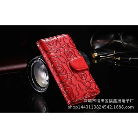 Kotelo iPhone 14 Plus punainen kohokuvioitu kamelia nahka ruusu