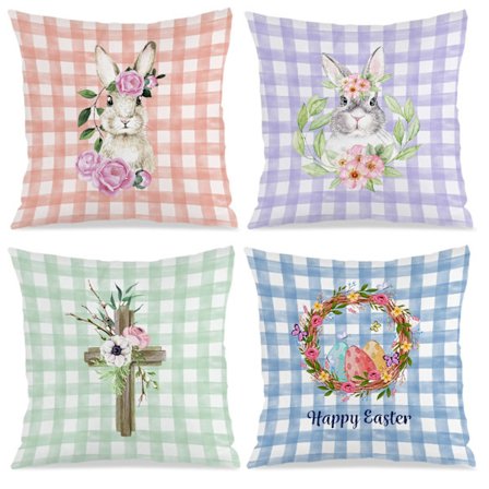 Sarja 4 ruudullista pääsiäistyynynpäällistä, 45x45 cm, pestäviä, sopivia olohuoneeseen ja makuuhuoneeseen.
