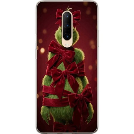 Yhteensopiva Puhelinkuori OnePlus OnePlus 7 Pro Grinchi-hahmo koristeltu punaisilla samettinauhoilla juhlavassa studiossa, leikkisällä ja humoristis