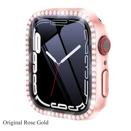 Diamond Glass+ Cover för Apple Watch Case 45mm 41mm 40mm 44mm 42mm 38mm Bling Bumper+ Skärmskydd iwatch Series 9 8 7 3 6 SE Original Rose Gold 
