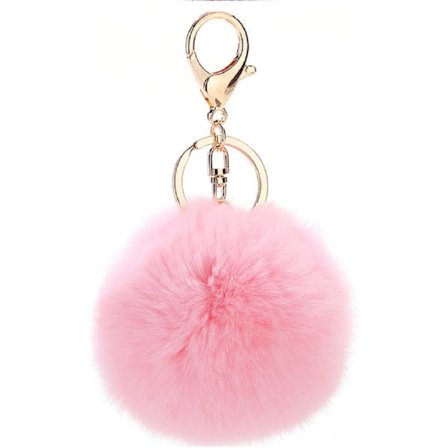 Pompom nyckelring i hår, mjuk att ta på - Ljusrosa