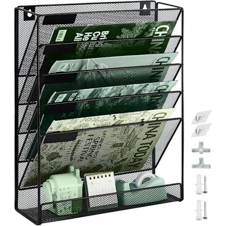 6-rums A4 vægmonteret dokumentholder - Holdbart metalnet - Sort