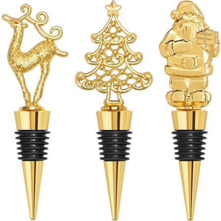 Vinkorke til jul, 3 guldkorke til vin, champagne, julemand, rensdyr og juletræsdekorationer