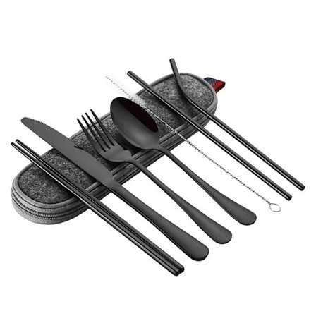 8-osainen kannettava ruostumattomasta teräksestä valmistettu aterinsetti matkakäyttöön, sisältää kotelon, syömäpuikot, veitsen, haarukan, lusikan, 