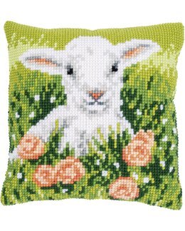 Broderikit Kudde Lamm på blomsteräng