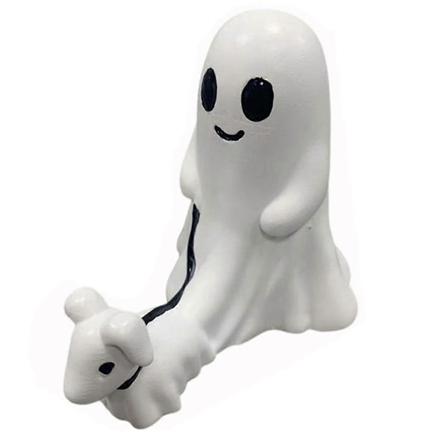 Spöke som promenerar med hundstaty, Halloween skräckspöke staty dekoration, spöke som promenerar med sin spökhund (pojke) medium White