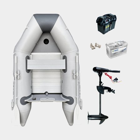 Nafukovací člun / nafukovací jolka s elektromotorem RUBB 230 Pro, hliníková podlaha, šedá + Neraus X 55, 624 W, 71 cm nastavitelná délka nohy + AGM 