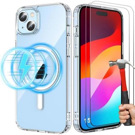Cover til iPhone 15 med magnetisk rund + 2 beskyttende hærdede briller Transparent