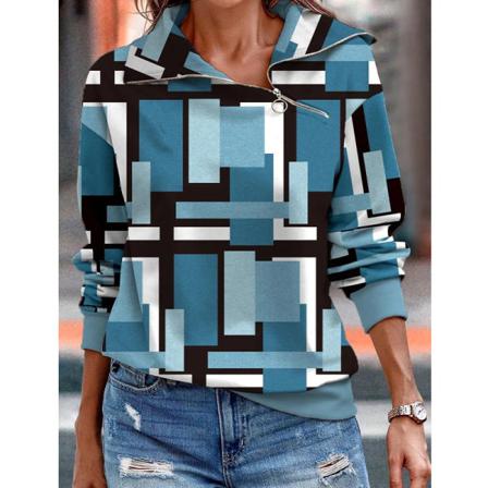 Damblommigt Print Lapel Pullover Color Block Casual Sweatshirt