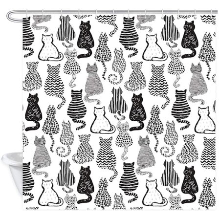 Svartvit katt duschdraperi, handritad kattunge katt doodle B