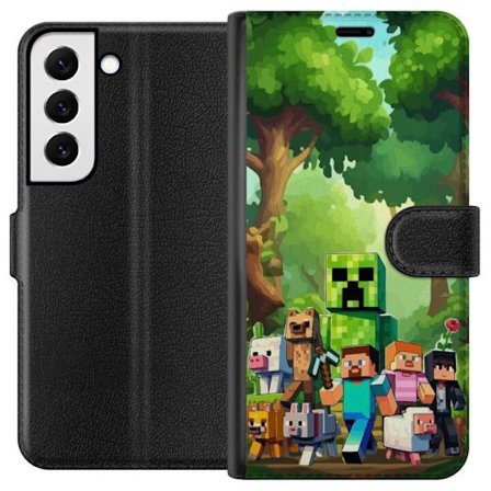 Kompatibelt Lommeboketui til Samsung Galaxy S22 5G Blokkete pikselerte spillverden med grønne figurer og dyr i frodig skogsmiljø