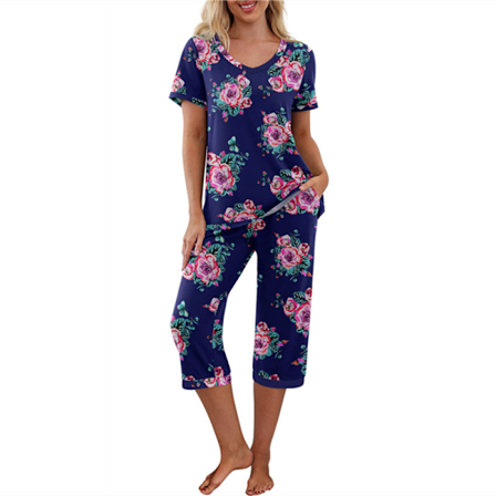 Dame Pyjamas 2-delt Søvnklær Kort Ermet T-skjorte & Capri Bukser Marineblå Marineblå Navy Blue XL