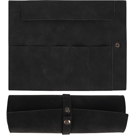 ING Læder Urkasse, Rejsearrangør, 5 Rum, Snøre- og Trykknaplukning, Bærbar Ur Opbevaringspose, Unisex Blød Urkasse (Sort)